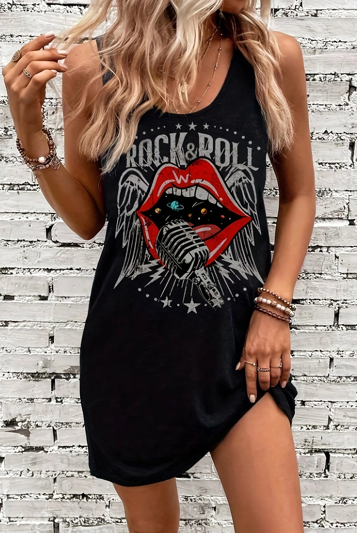 Women's summer sleeveless tank top dress with black print featuring a lips, microphone, and rock & roll design.