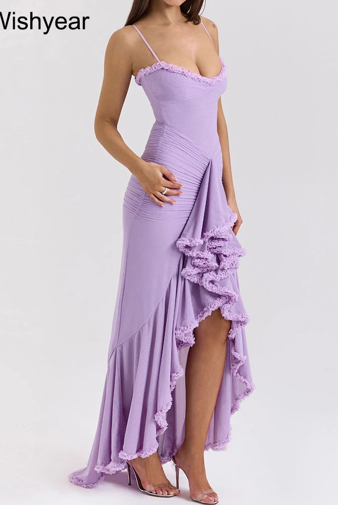 Wishyear Women Sexy Spaghetti Strap Ruffle Irregular Bodycon Long Dress in lavender, featuring ruffled hem, ideal for beach
