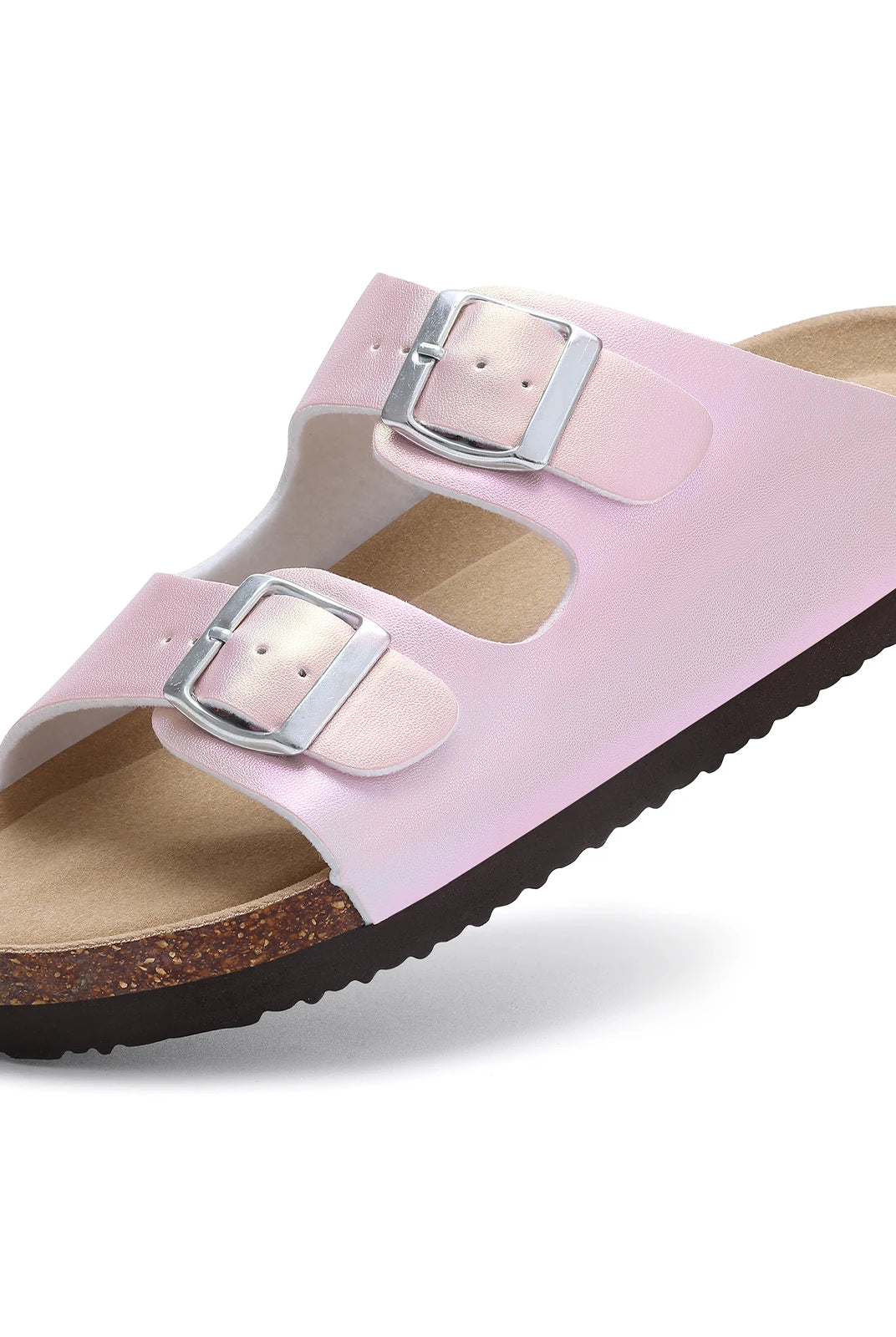 Comwarm New Women's Gradient Slippers with pink straps, double buckles, cork footbed, and black textured sole for summer