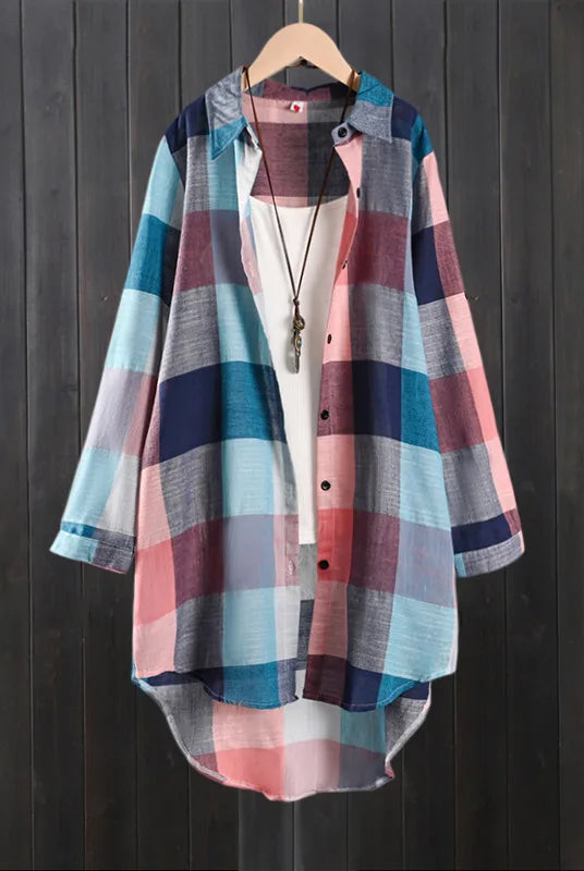 Women's plaid shirt casual blouse for women, long sleeve check linen cotton top in pink, blue, gray, and navy.