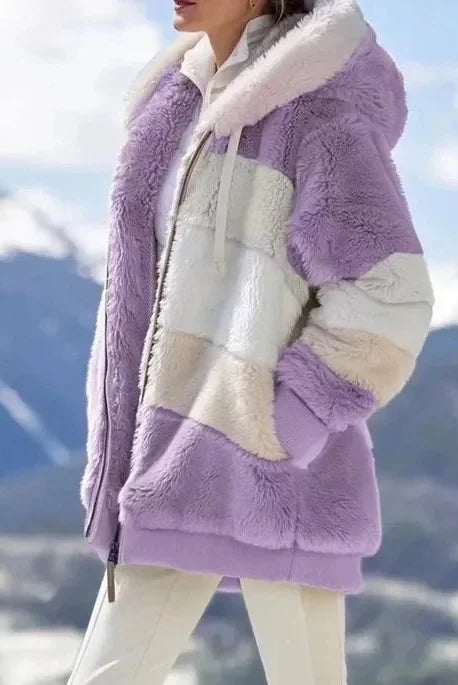 Winter Fashion Women's Coat with hood, zipper, plaid stitching, and cashmere blend, perfect for casual cold-weather wear.