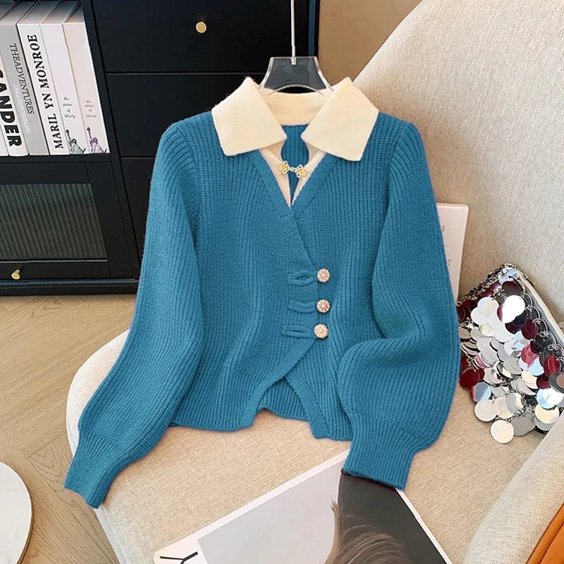 New 2025 Autumn Winter Design Splicing Slim Women Knitted Cardigan Sweater Jacket in blue with cream collar and decorative
