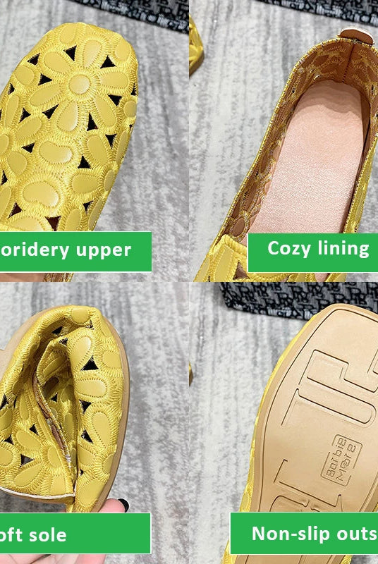 Size 35-42 yellow square toe summer shoes for women with embroidery upper, cozy lining, soft sole, and non-slip outsole.