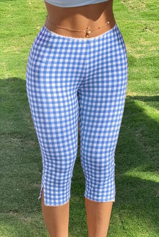 Women Capri Pants Elastic High Waist 3/4 Length Slim Fit Trousers with blue and white plaid print, slit cropped leg design