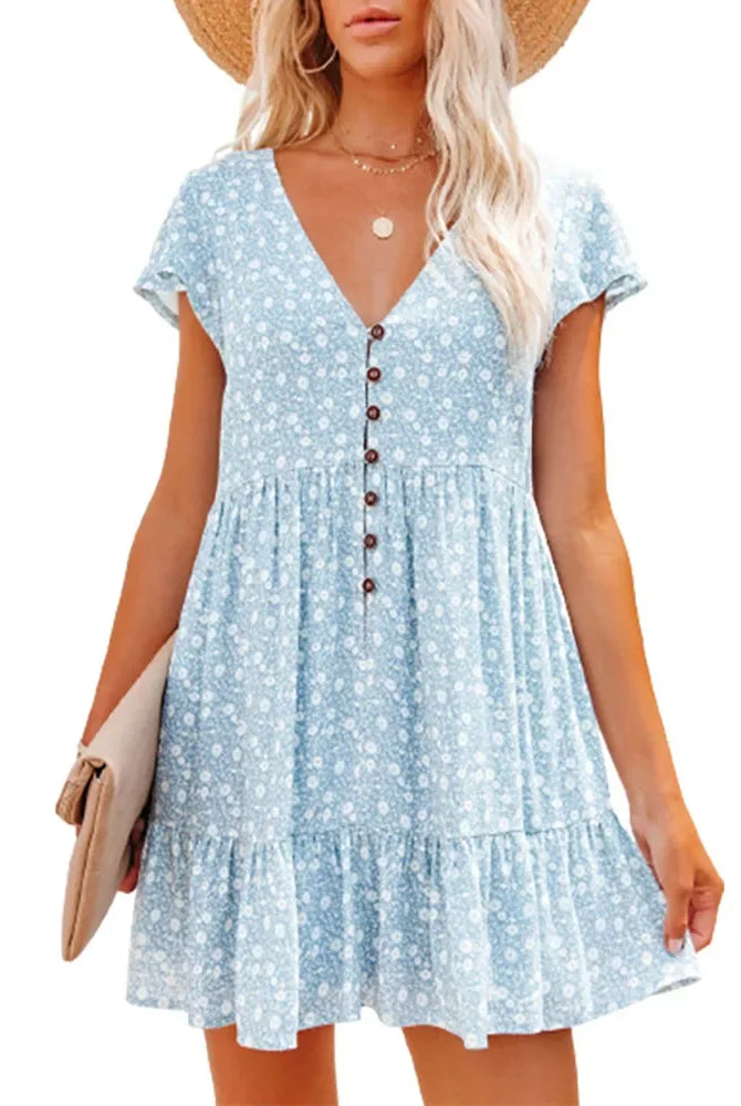 Europe spring and summer women's leisure dress with V-neck, short sleeves, button front, small broken floral pattern, loose fit.