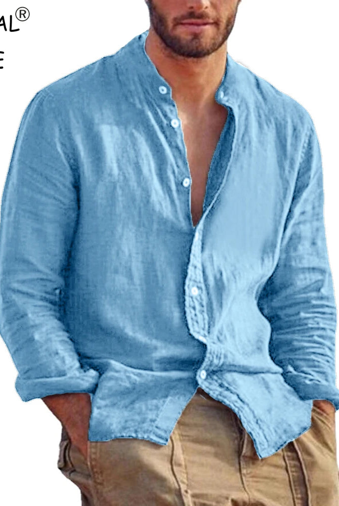 New Men's Solid Color Long Sleeve Shirt Linen Cotton Shirts Trend Plus-Size Stand Collar Casual Lightweight Beach Tops worn by a man with hands in pockets.
