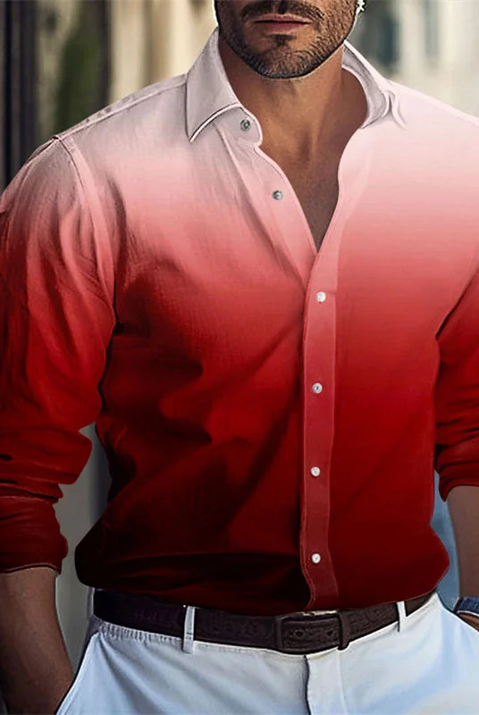 Men's casual shirt series in red, white, and black with gradient design, made of soft comfortable fabric for autumn and winter, available in S-5XL.