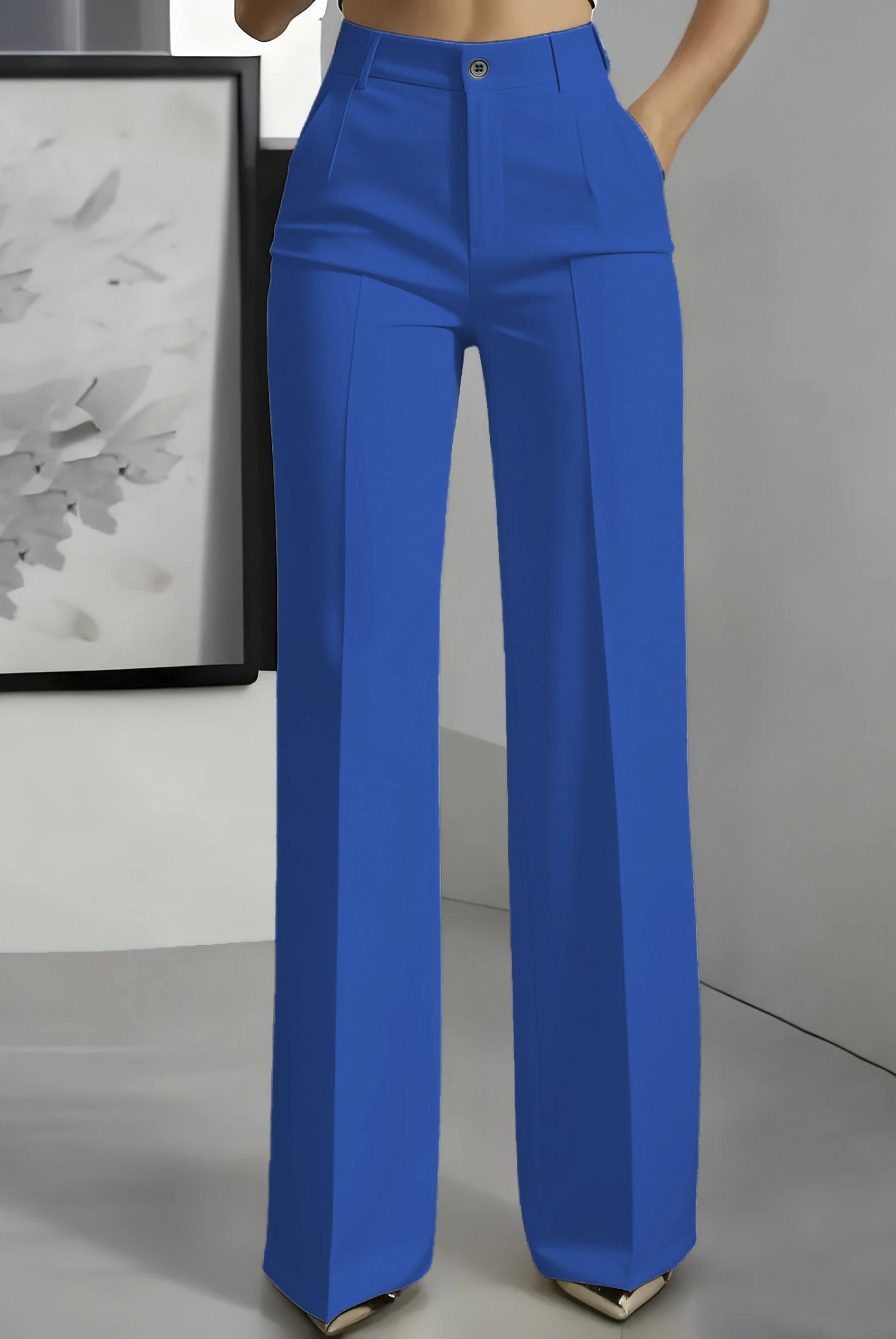 New 2025 women's high-waisted draped straight-cut suit pants in vibrant blue, made of smooth fabric, styled for European American cross-border fashion.