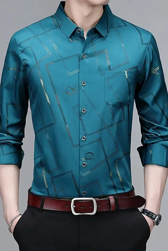 Men's casual long sleeved printed shirt in blue with geometric patterns, non-ironing and wrinkle-resistant business top.