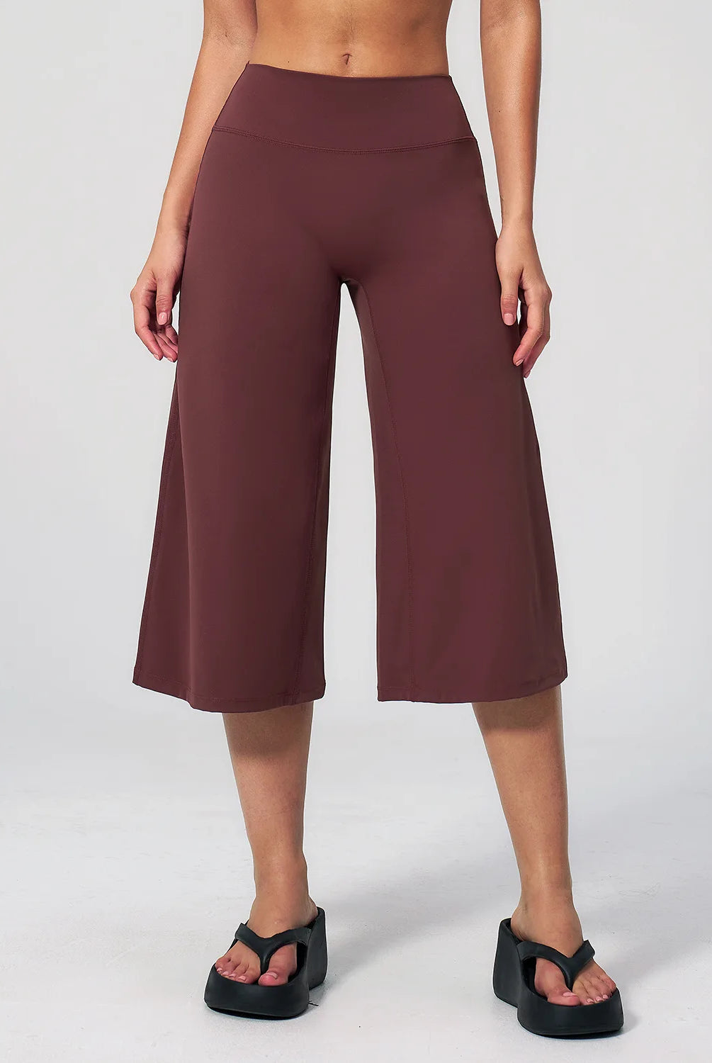 Summer Capri Pants for Women Wide Leg Yoga Cropped Pants Tummy Control High Waist in Flare Crop, buttery soft, loose casual style, shown in dark brown.