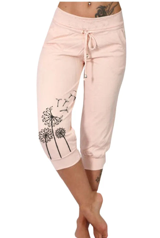 Fashion Mid-calf Lady Capri Pants 2023 Summer drawstring pockets cropped pants with dandelion and bird print, suitable for outdoor sports women.