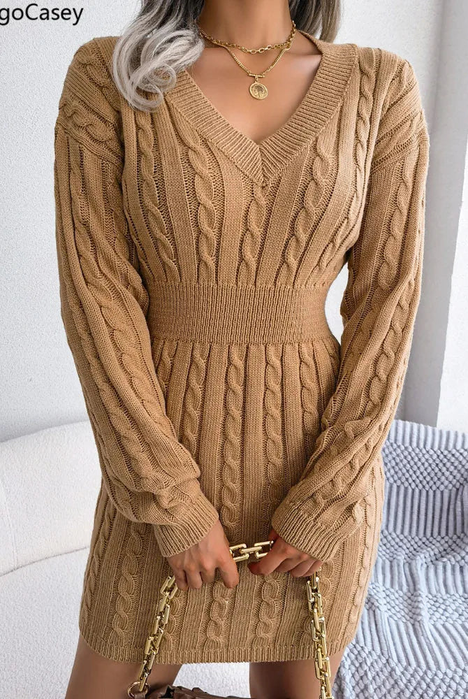 VigoCasey 2025 Khaki V Neck Casual Short Knit Dress with long sleeves, solid bodycon design, suitable for autumn and winter