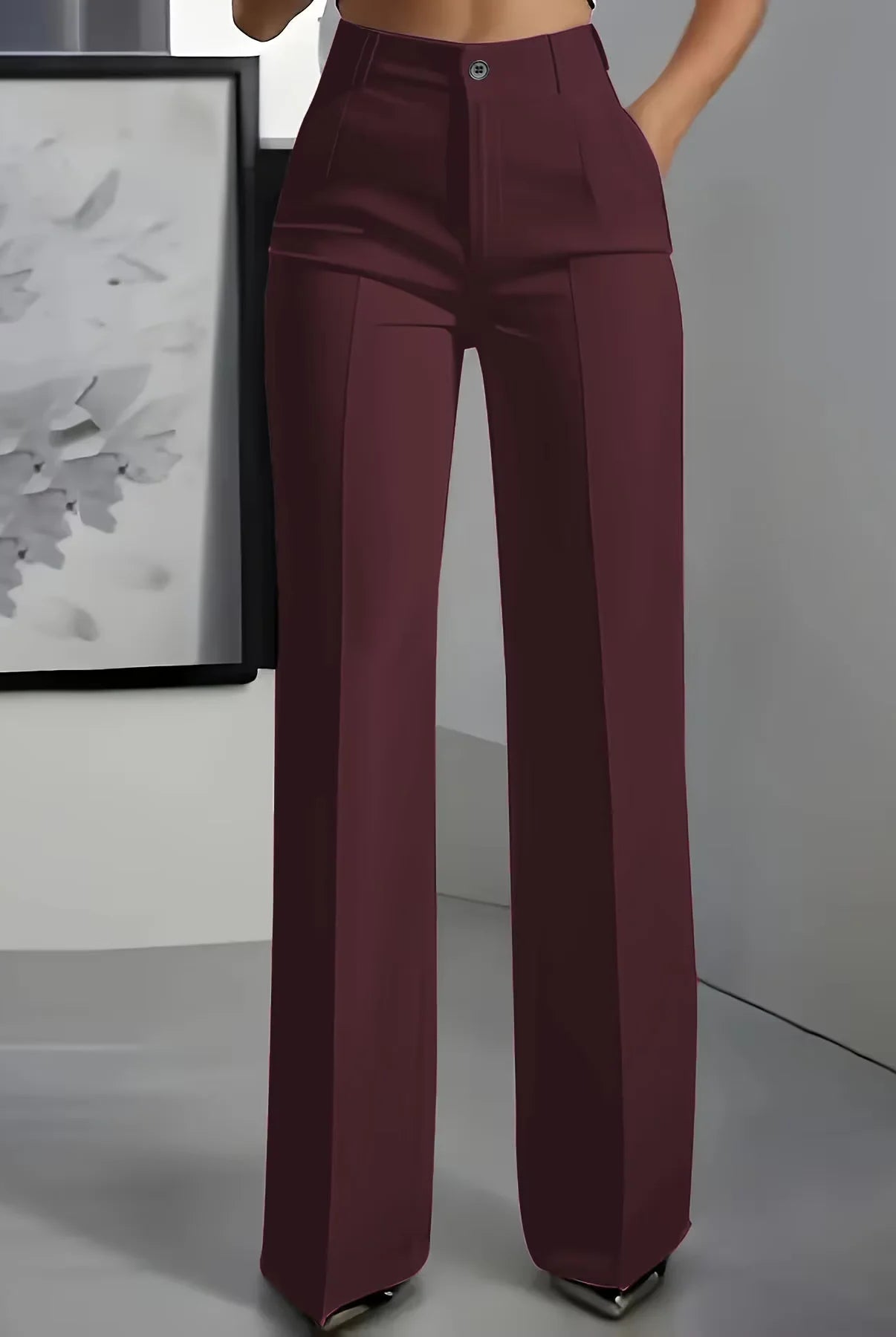 New 2025 Women's High-Waisted Draped Straight-Cut Suit Pants in burgundy with smooth fabric, suitable for professional or casual fashion.