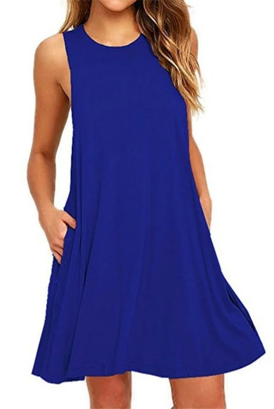 Women's Dress Summer Casual T Shirt Dresses Beach Cover up Plain Pleated Tank Pockets Dress in bright blue fabric.