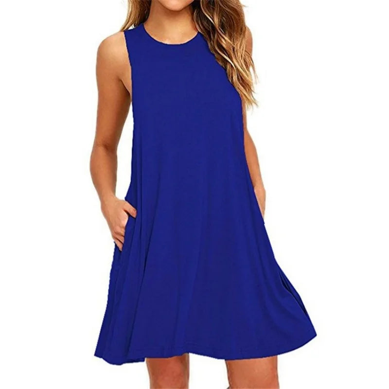 Women's Dress Summer Casual T Shirt Dresses Beach Cover up Plain Pleated Tank Pockets Dress in bright blue fabric.