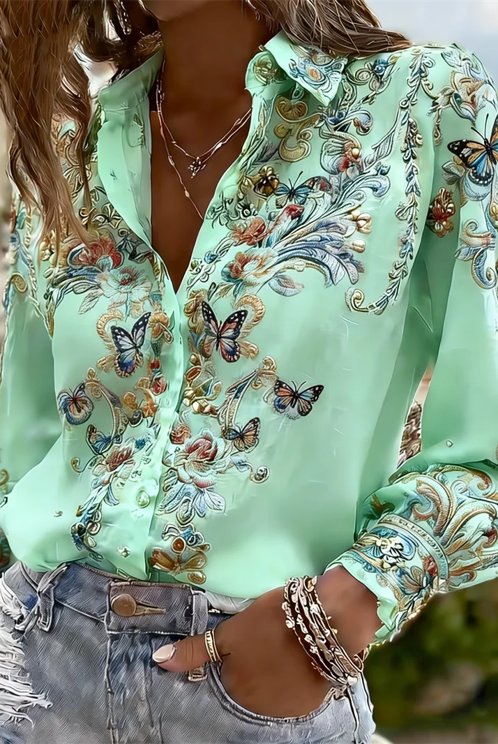 New 11 color long-sleeved women's shirt with 3D flower print, butterfly details, and tree branch pattern on the lapel, made of lightweight fabric.