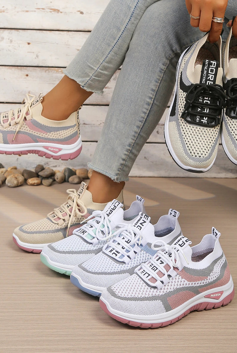 Women's summer casual sneakers with breathable mesh upper, two-tone color design, and soft PVC sole for comfort.