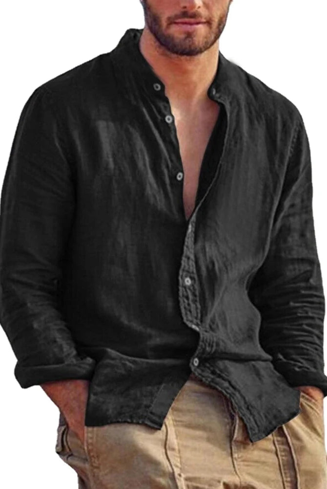 New Men's Solid Color Long Sleeve Linen Cotton Shirt with Stand Collar, casual lightweight beach top in black.