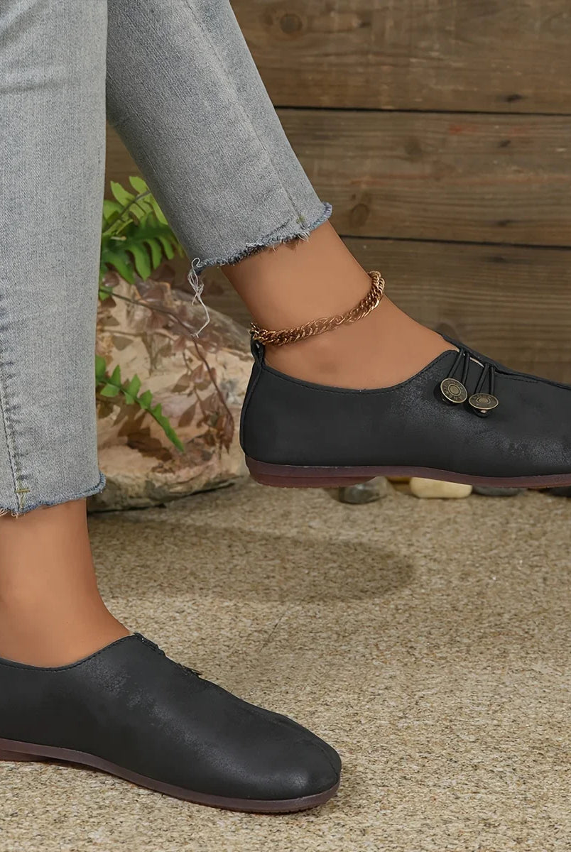 Comfortable Soft Sole Round Toe Flats Shoes for Women in black with buckle decor, casual style, breathable material, easy slip-on design.