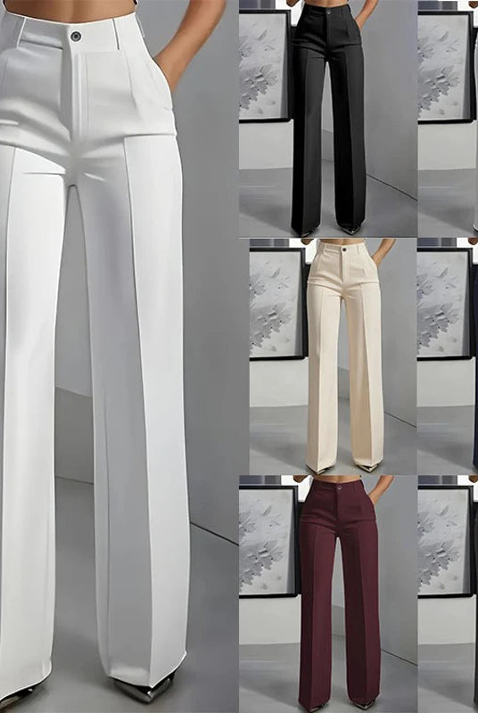 New 2025 Women's High-Waisted Draped Straight-Cut Suit Pants in white, black, beige, navy, burgundy, and gray, made of smooth fabric for formal wear.
