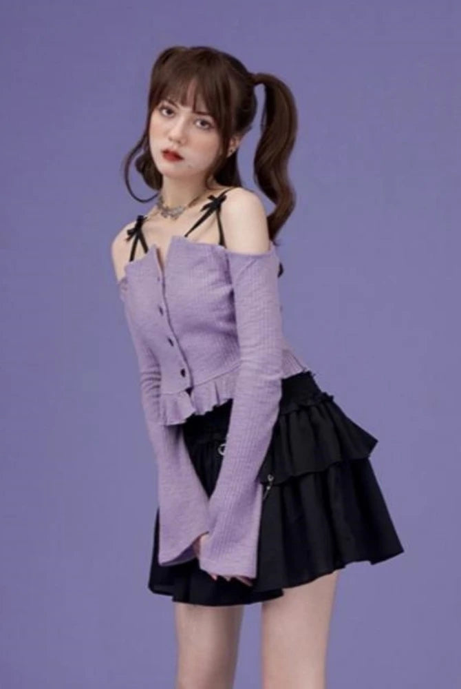 Slash Neck Y2k Aesthetic Embroidery T-shirt in purple with ruffled sleeves, paired with a black layered skirt and black