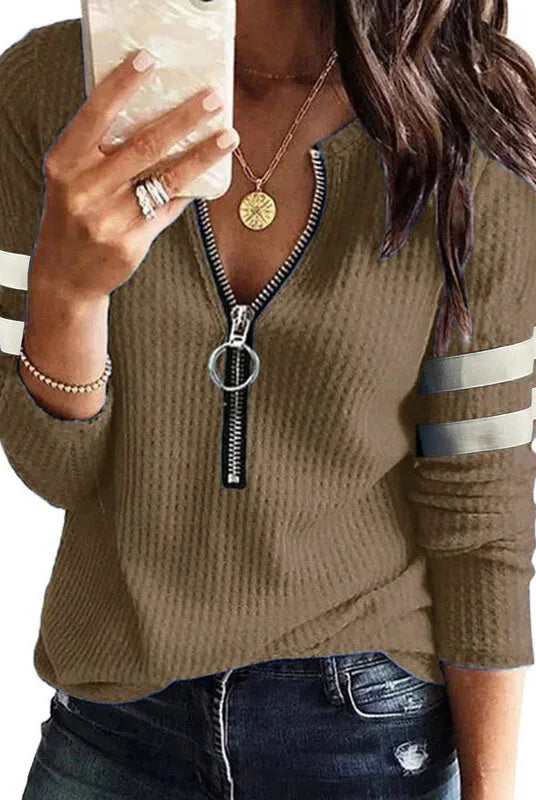 New Spring Fall Stripe Big Zipper Retro Sweater with long sleeves, khaki color, ribbed texture, and casual style for women.