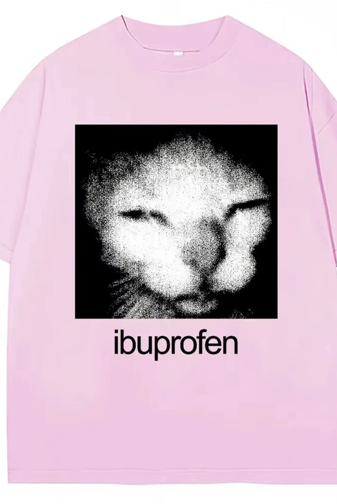 2025 Vintage Funny Ibuprofen Cat Meme Graphic T Shirt in pink with black and white distressed cat face and ibuprofen text
