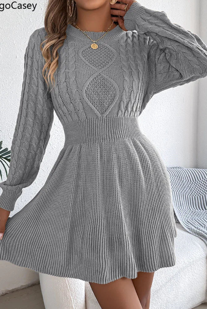 VigoCasey 2025 Grey O Neck Casual Knit Dress for women with long sleeves, bodycon fit, solid color, suitable for autumn and