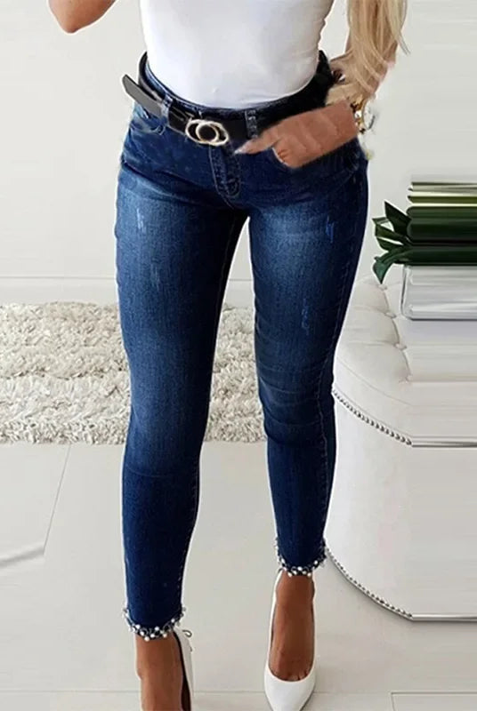 Slim Fit Denim Jeans Butterfly Stick Flower Bead Open Split Ankle Length Slimming Pencil Long Trousers Women's Fashion
