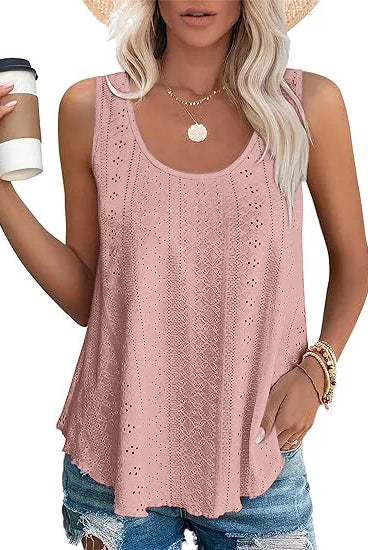 Solid color pink sleeveless oversized T-shirt for women, casual summer tank top with eyelet lace detail, loose fit, 2025