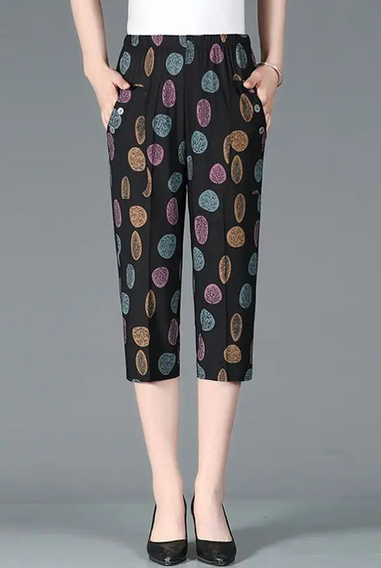 Summer New High Waist Capri Pants Elastic Casual Loose Straight Female Clothing with Patchwork Vintage Printed Design and Pockets