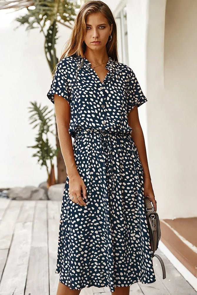 Vintage Floral Print Dress Women Boho Short Sleeve Long Dress with turn-down collar, casual waistband shirt dress for summer.