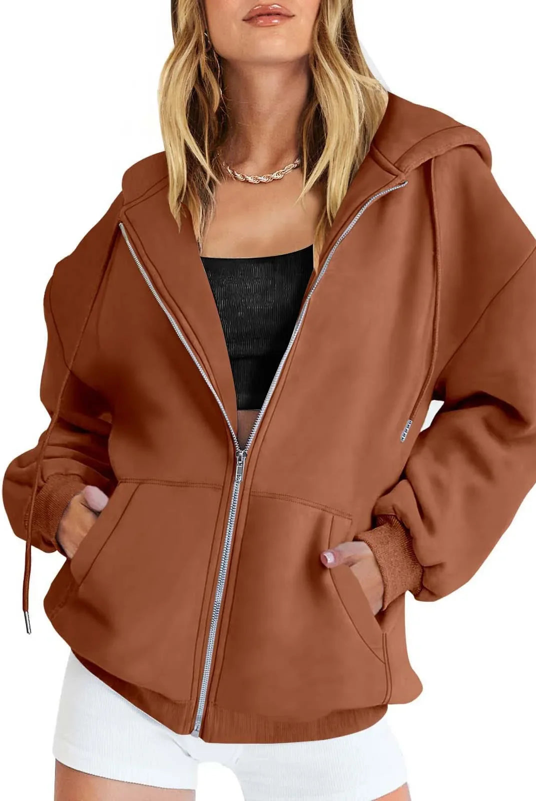 Fashion Gray Zip Up Sweatshirt Women Autumn Winter Jacket with hood, long sleeves, pockets, and solid versatile design.