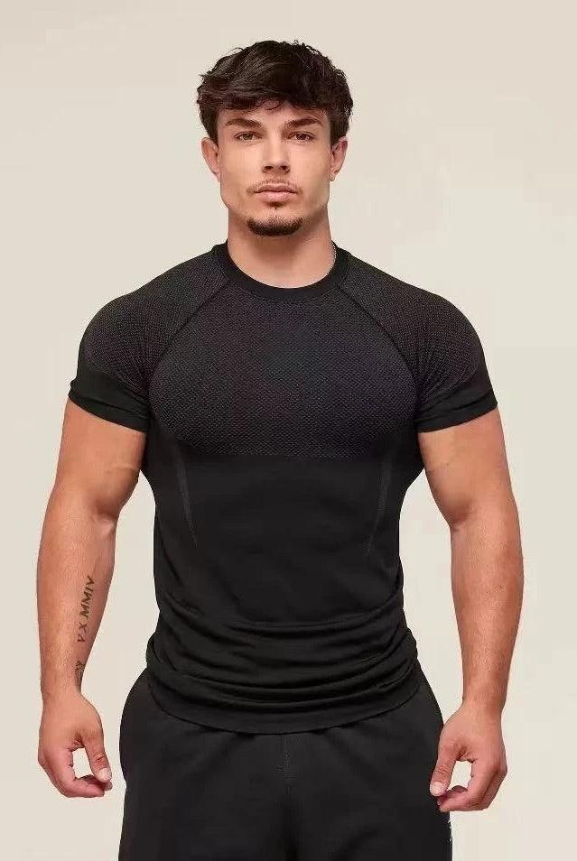 ONYX V5 Agate Fitness T-shirt with SHARK logo, black breathable elastic short-sleeve men's and women's workout top for active wear.