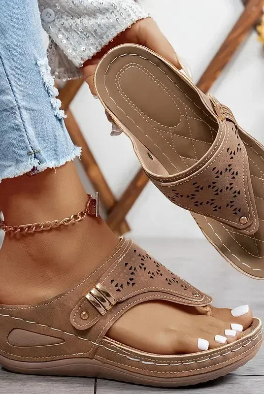 Summer Women Wedge Sandals open toe slip-on platform flip flops with cutout design in beige, perfect for outdoor casual wear.