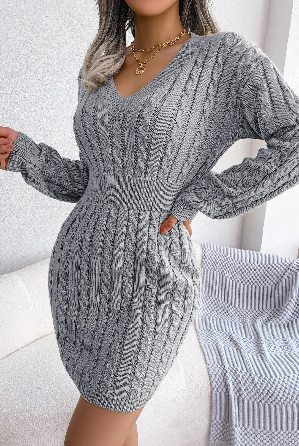 VigoCasey 2025 V Neck Casual Short Knit Dress in khaki, long sleeve bodycon dress with cable knit pattern, suitable for