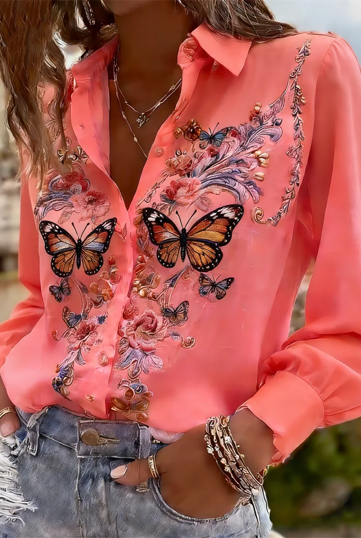 New 11 color long-sleeved women's shirt with 3D butterfly and floral embroidery, tree branch pattern on the lapel, lightweight and stylish.