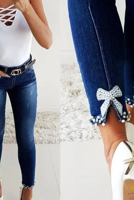 Slim Fit Denim Jeans Butterfly Stick Flower Bead Open Split Ankle Length Slimming Pencil Long Trousers Women's Fashion Jeans