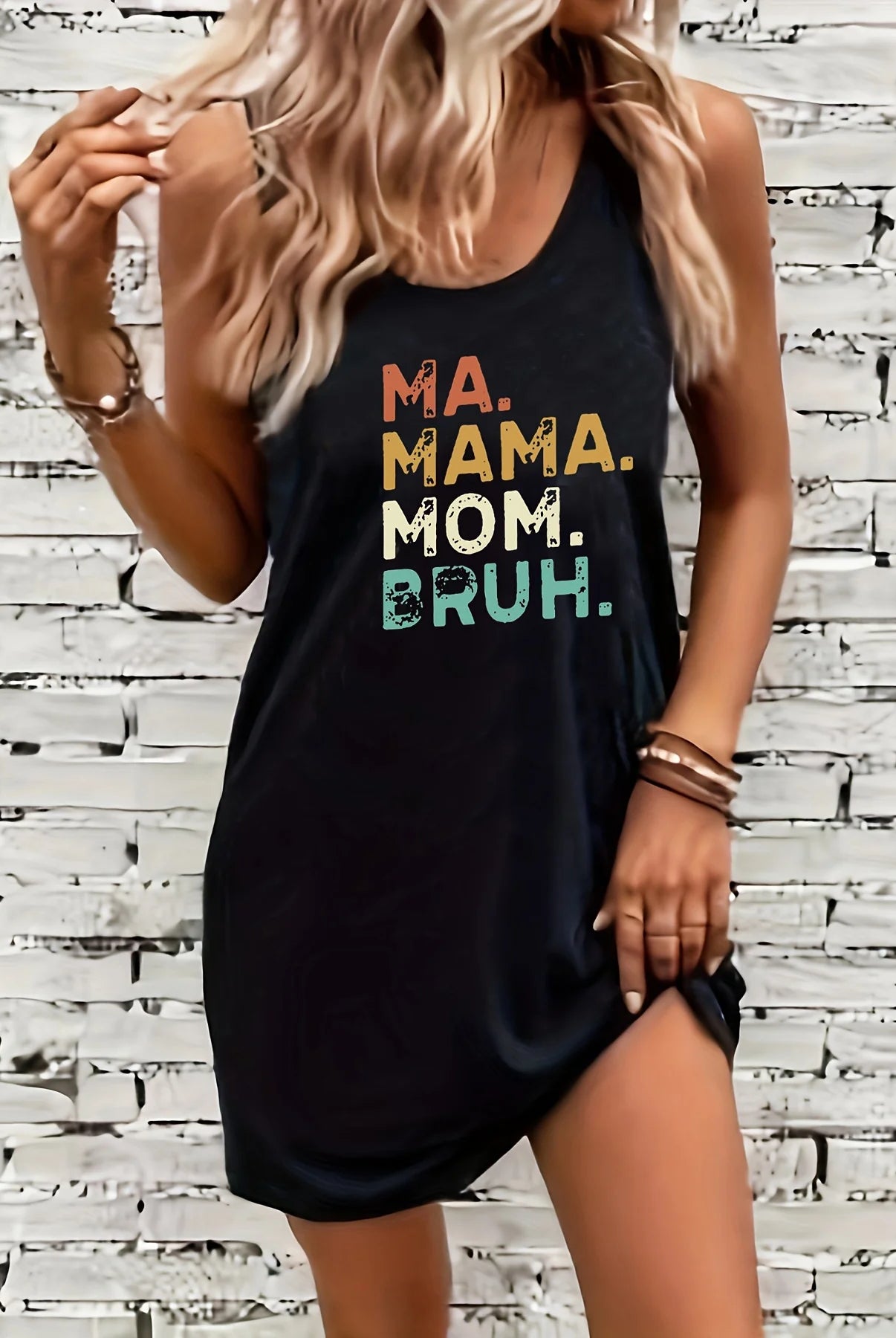 Women's summer sleeveless tank top dress with black print, casual loose fit, mini length, perfect for warm weather.