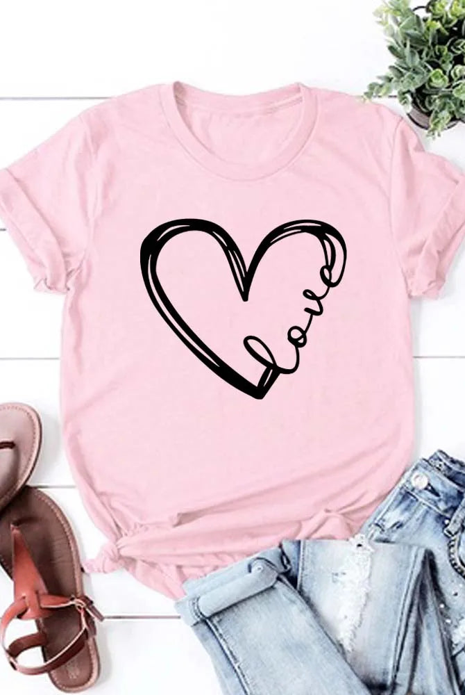 Love Heart Printed Trend Women Fashion Clothing Graphic T-shirt in pink with black heart and Love text, short sleeve casual female tee.