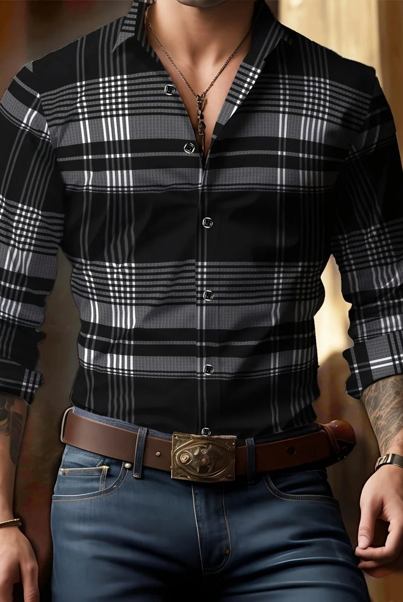 Men's Trendy Geometric 3D Line Print long-sleeved button-up shirt in black, white, and gray with a plaid pattern, casual