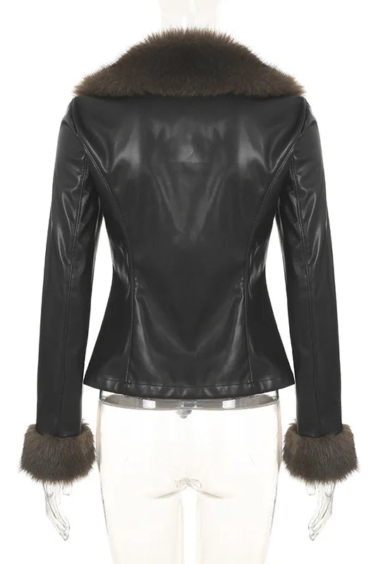 Faux Fur Patchwork PU Leather Jacket with furry collar and cuffs, long sleeves, V-neck, warm winter outerwear, luxurious and chic.