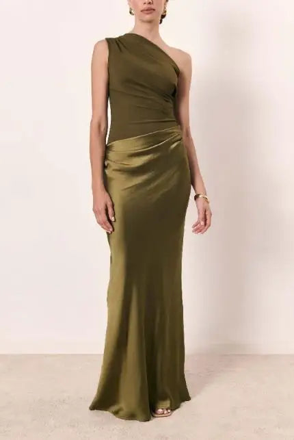 Womens Dresses 2025 Spring new solid green sleeveless evening gown with slant neck, ruched waist, casual hip style, elegant
