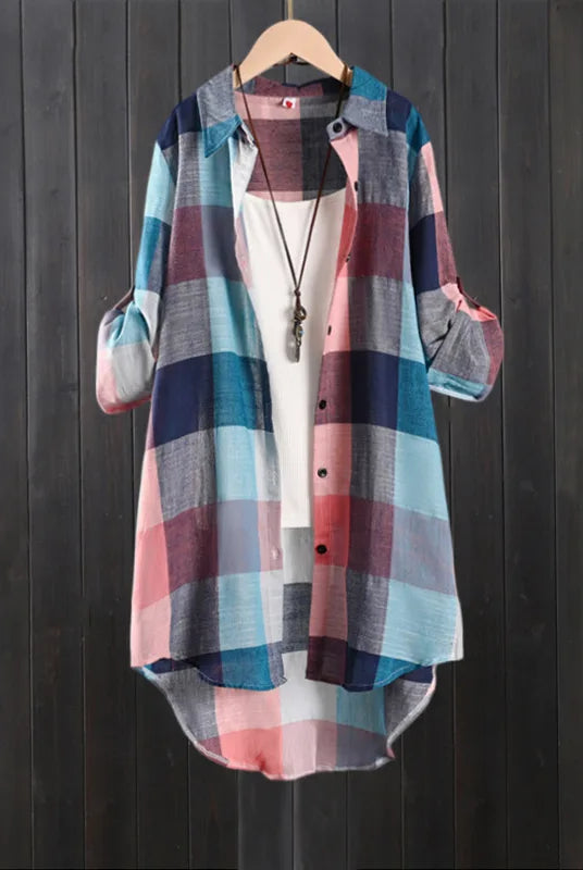 Women's plaid shirt casual blouse for women, long sleeve check linen cotton top in pink, blue, gray, and navy colors.