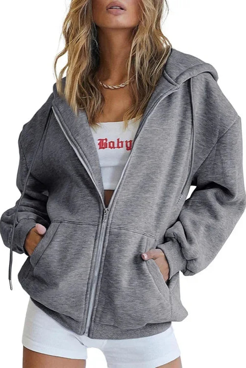 Fashion gray zip-up sweatshirt women autumn winter jacket with hood, long sleeves, daily pockets, and solid versatile design.
