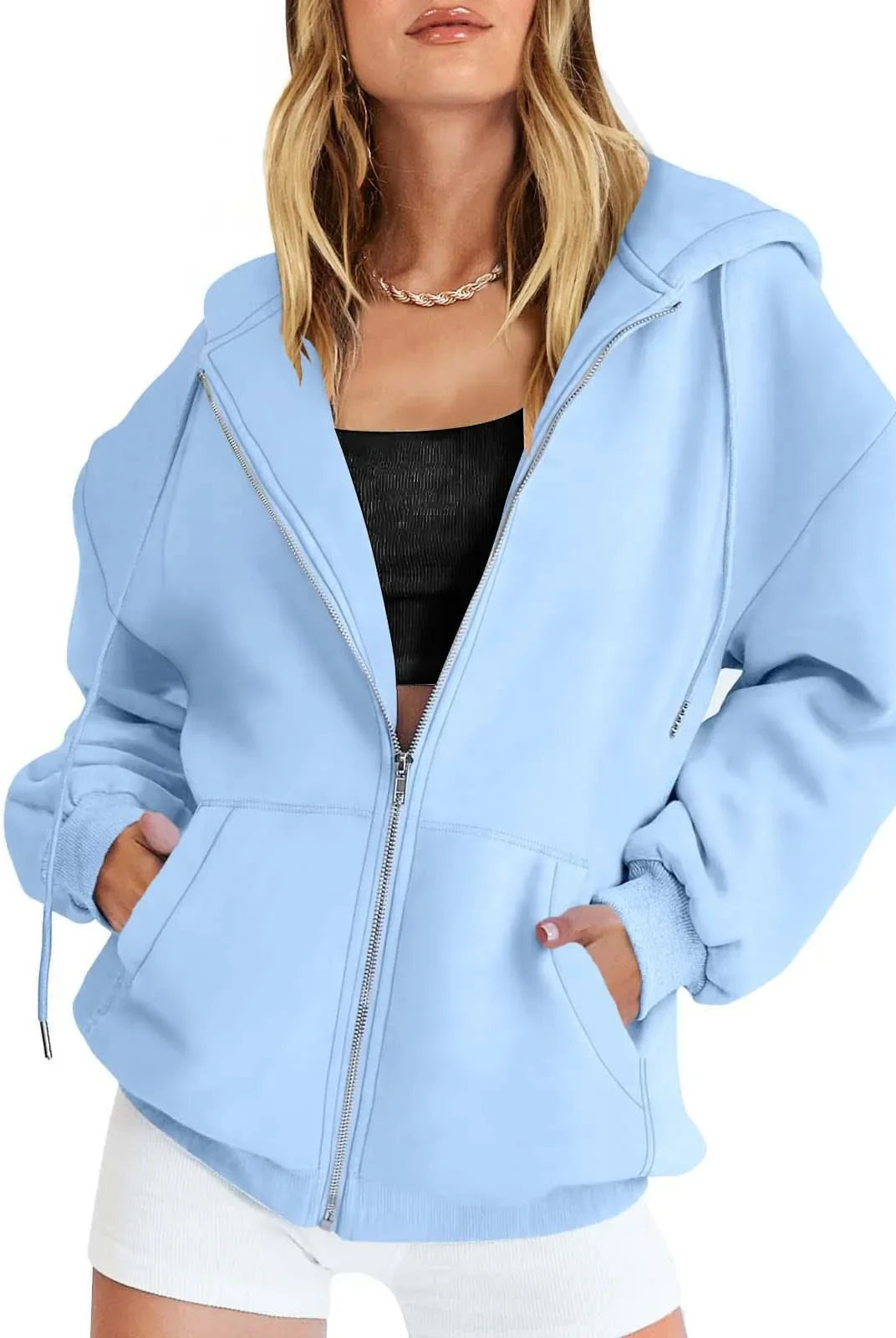 Fashion Gray Zip Up Sweatshirt Women Autumn Winter Jacket with hood, long sleeves, front pockets, and solid versatile design.