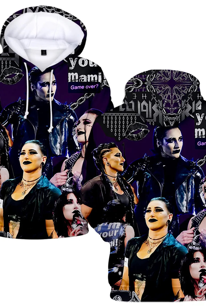 Rhea Ripley Hoodie Merch for women and men featuring gothic streetwear design with images of Rhea Ripley, chains, and bold text your mami! Game over.