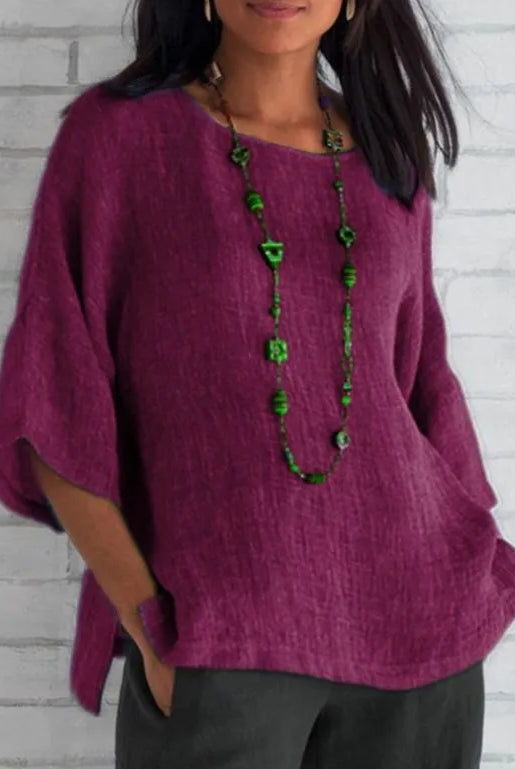 Plus Size Cotton Blouse Shirts Summer O-Neck Three Quarter Loose Casual Blouse Tops for Women in purple with green beaded necklace