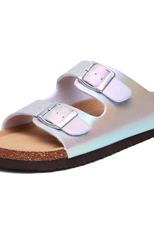 Comwarm New Women's Gradient Slippers with double buckles, white iridescent straps, cork footbed, and black sole for summer