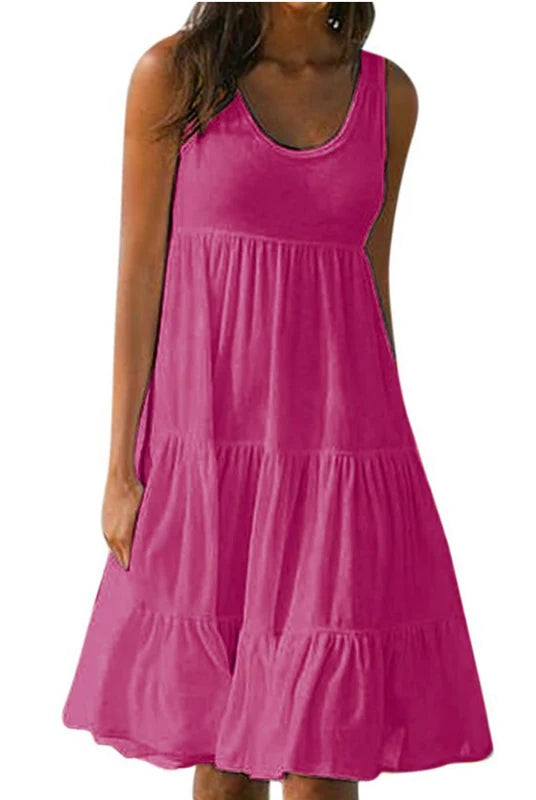 Women Casual Solid Mini Dress 2024 Summer sleeveless sundress with ruffles, loose fit, pink color, ideal for beach parties